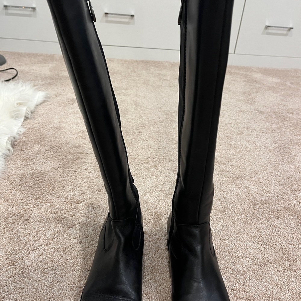 Tahari Elegant Black High Leather and Stretch Fabric Boots